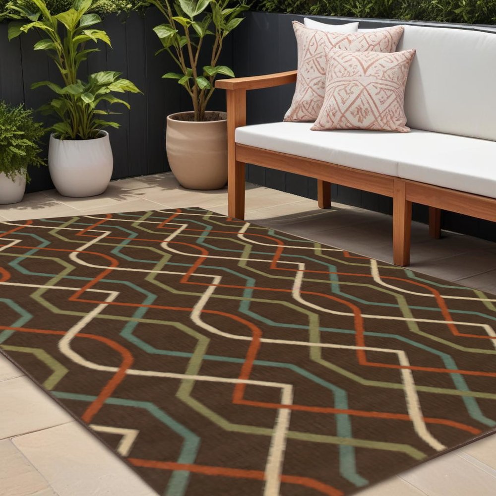 8' X 11' Brown and Ivory Geometric Stain Resistant Indoor Outdoor Area Rug