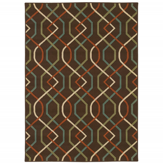 9' X 13' Brown and Ivory Geometric Stain Resistant Indoor Outdoor Area Rug