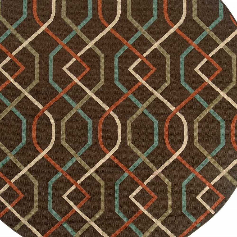 8' X 8' Brown and Ivory Round Geometric Stain Resistant Indoor Outdoor Area Rug