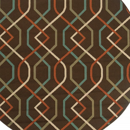 8' X 8' Brown and Ivory Round Geometric Stain Resistant Indoor Outdoor Area Rug