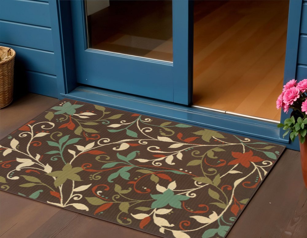 2' X 4' Brown Floral Stain Resistant Indoor Outdoor Area Rug