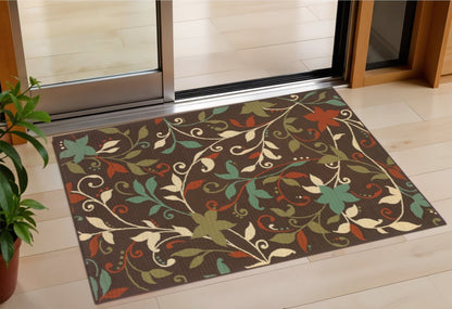 2' X 4' Brown Floral Stain Resistant Indoor Outdoor Area Rug