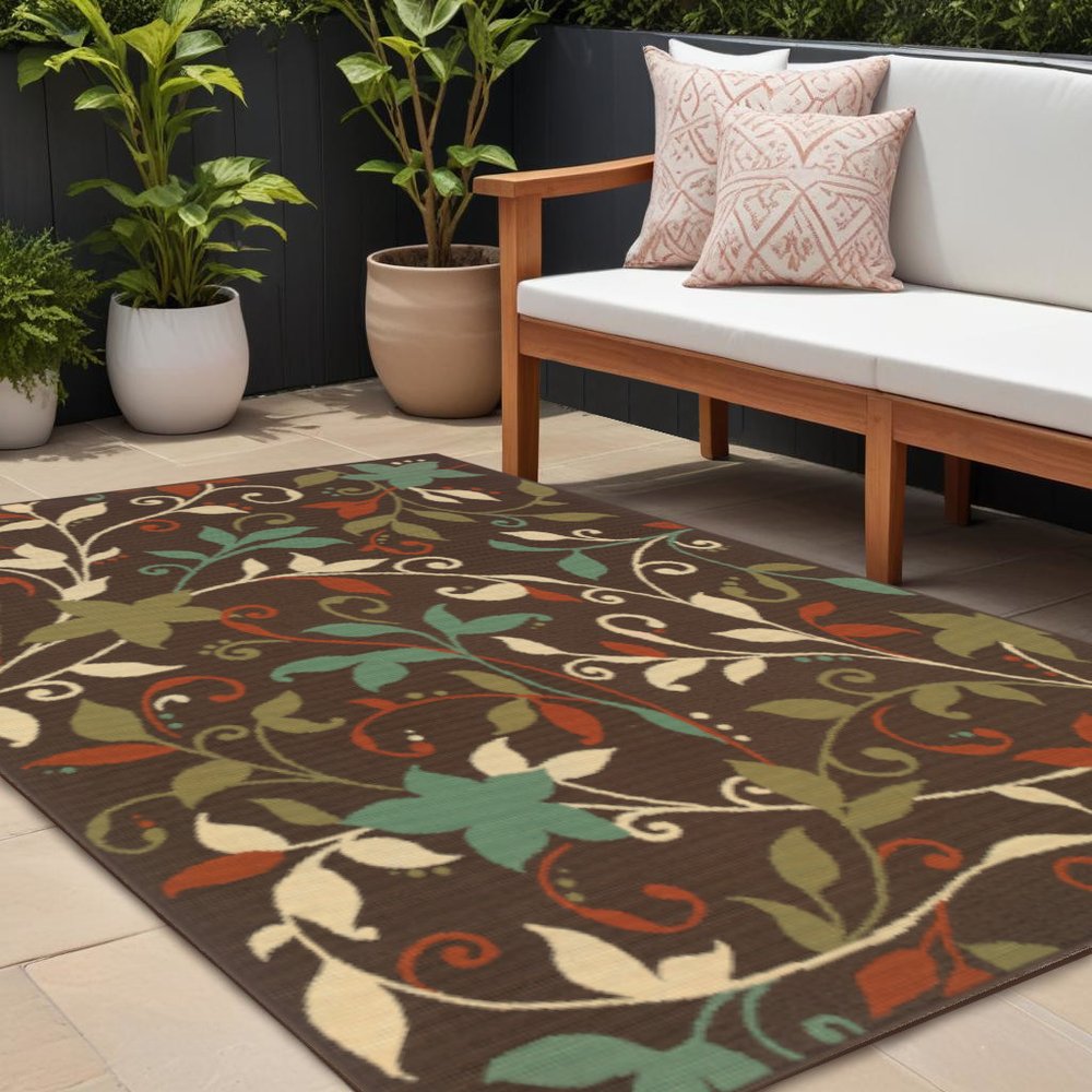 7' X 10' Brown Floral Stain Resistant Indoor Outdoor Area Rug