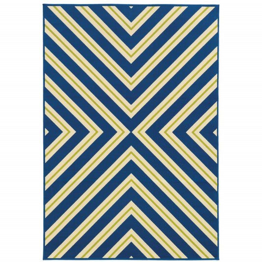 9' X 13' Blue and Ivory Geometric Stain Resistant Indoor Outdoor Area Rug