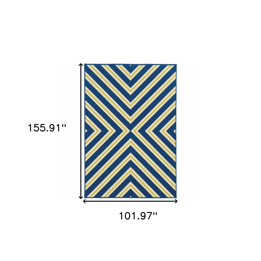 9' X 13' Blue and Ivory Geometric Stain Resistant Indoor Outdoor Area Rug