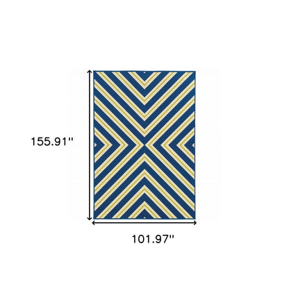 9' X 13' Blue and Ivory Geometric Stain Resistant Indoor Outdoor Area Rug
