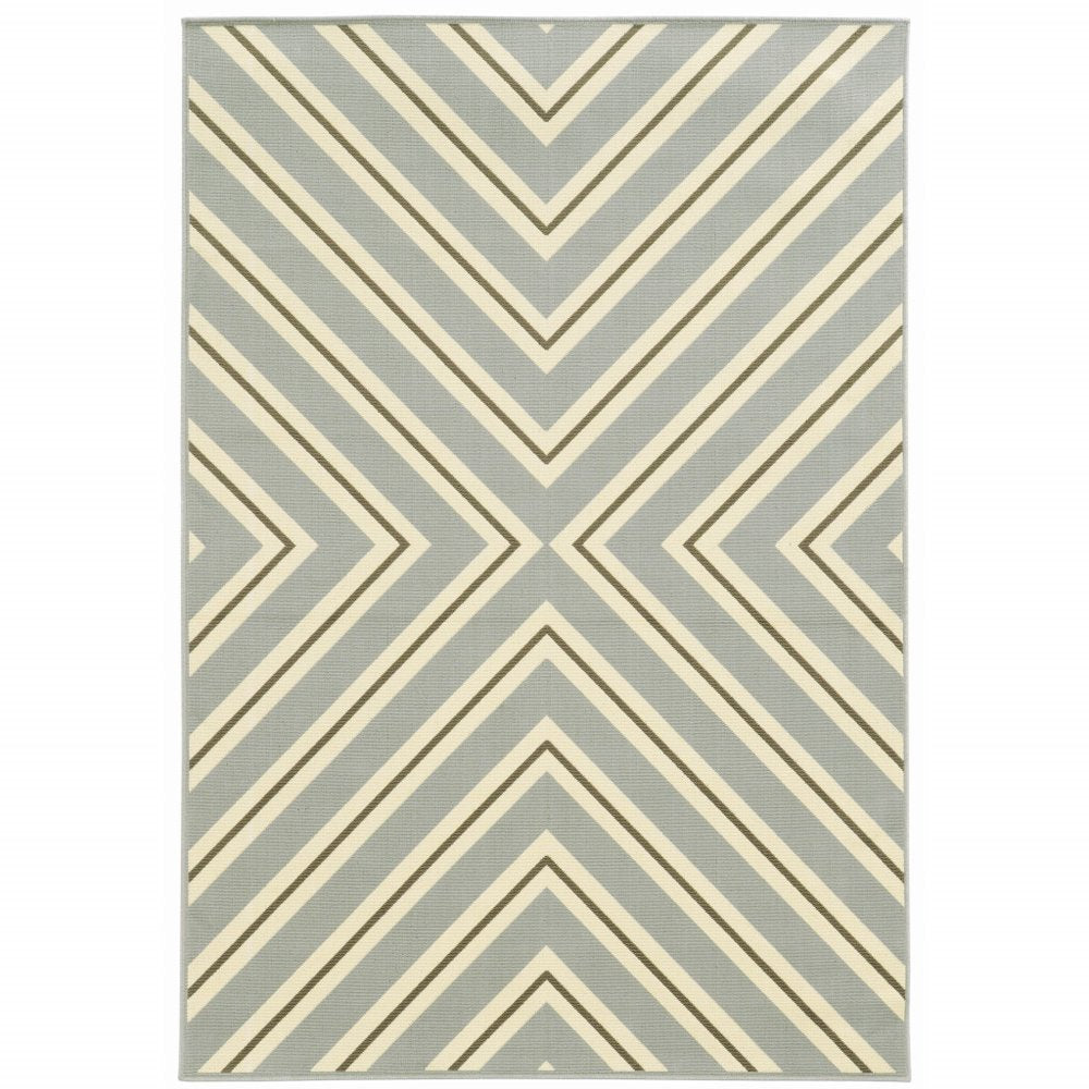 9' X 13' Gray and Ivory Geometric Stain Resistant Indoor Outdoor Area Rug