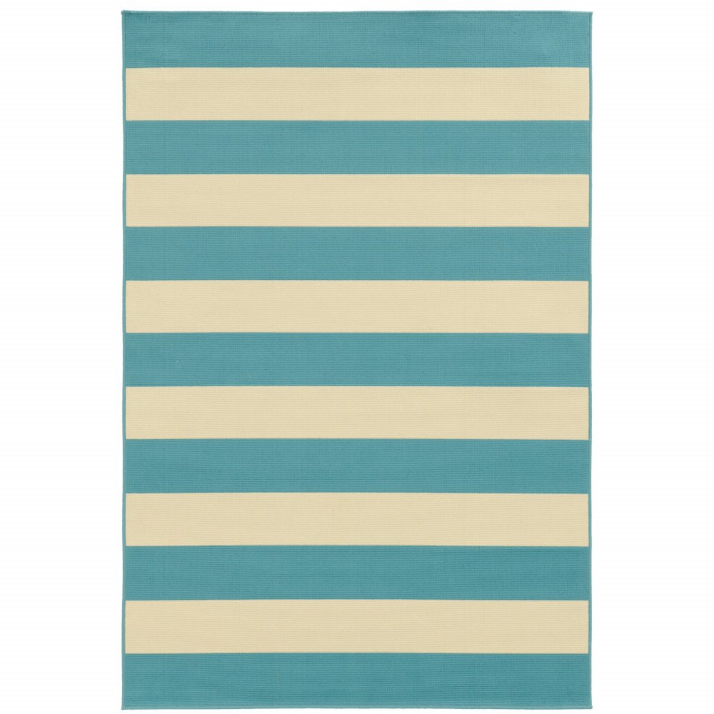 9' X 13' Blue and Ivory Geometric Stain Resistant Indoor Outdoor Area Rug