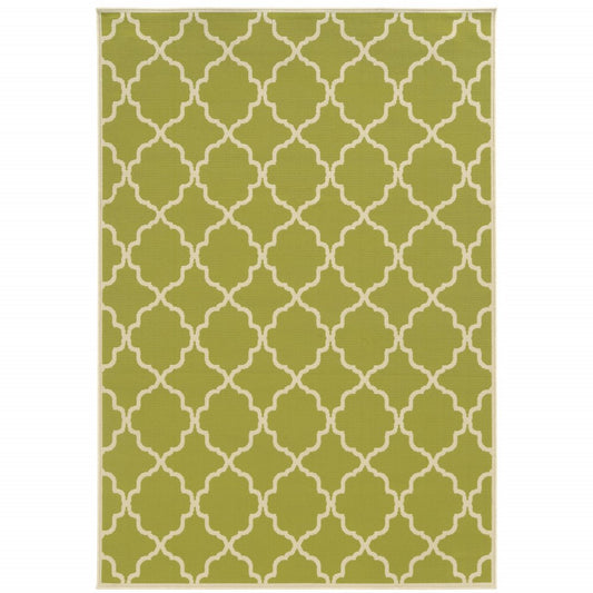 9' X 13' Green and Ivory Geometric Stain Resistant Indoor Outdoor Area Rug