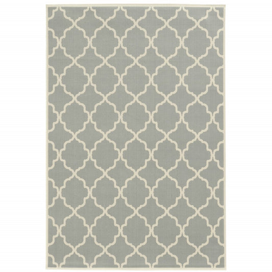 9' X 13' Gray and Ivory Geometric Stain Resistant Indoor Outdoor Area Rug