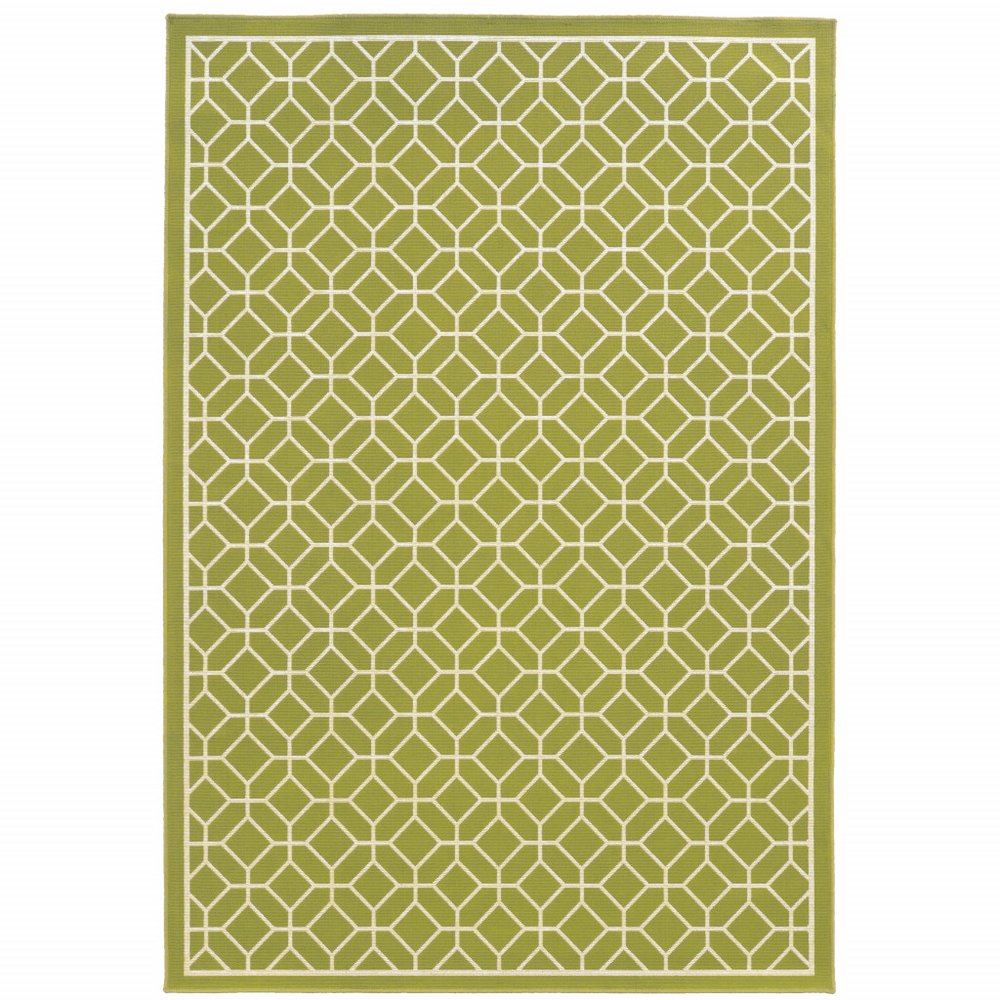 9' X 13' Green and Ivory Geometric Stain Resistant Indoor Outdoor Area Rug