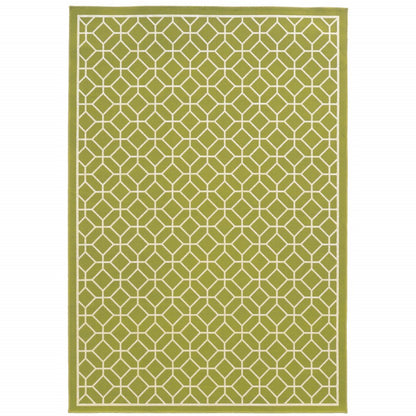 9' X 13' Green and Ivory Geometric Stain Resistant Indoor Outdoor Area Rug