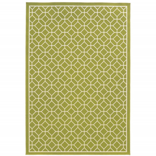 9' X 13' Green and Ivory Geometric Stain Resistant Indoor Outdoor Area Rug