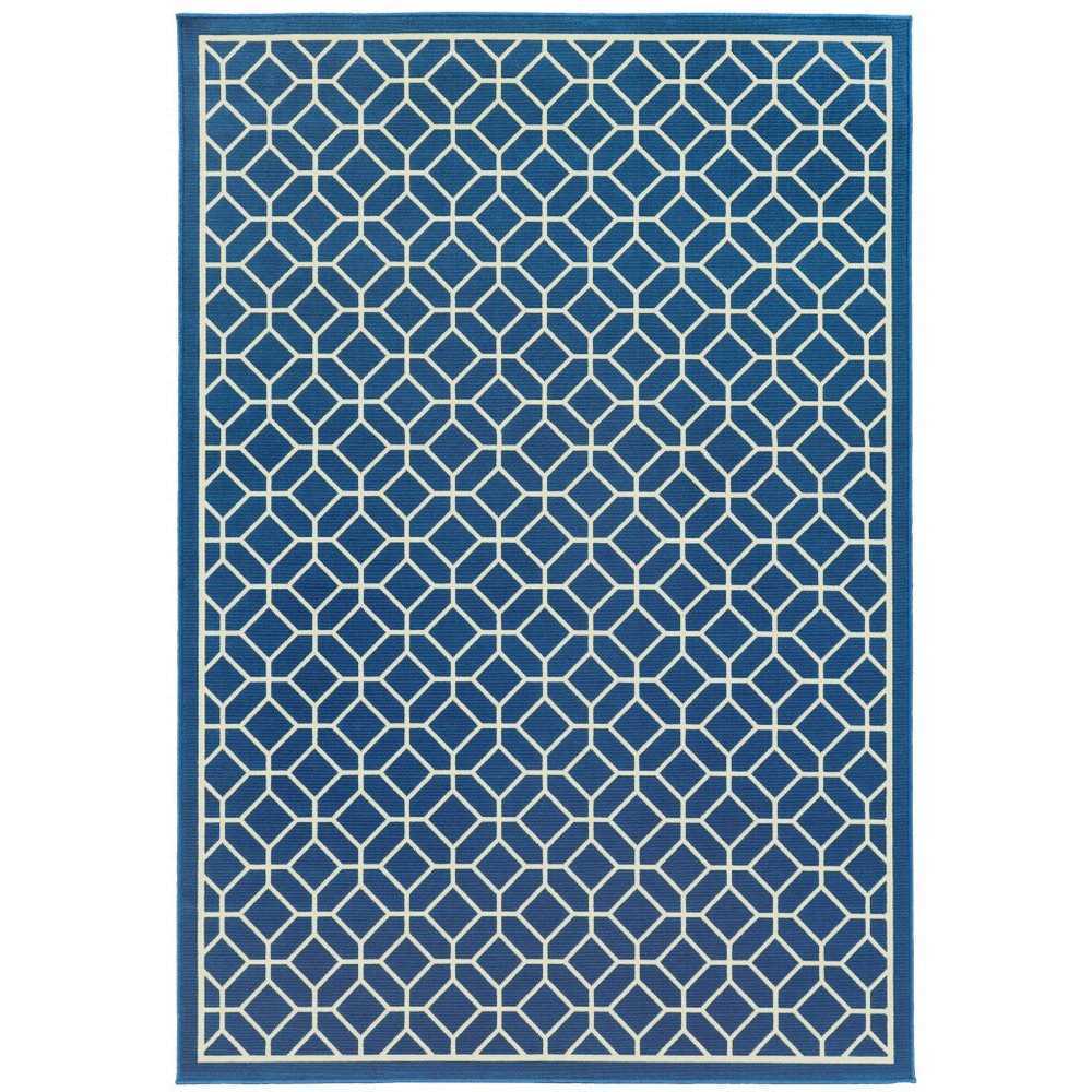 9' X 13' Blue and Ivory Geometric Stain Resistant Indoor Outdoor Area Rug