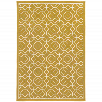 9' X 13' Gold and Ivory Geometric Stain Resistant Indoor Outdoor Area Rug
