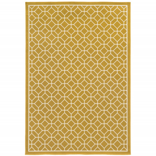 9' X 13' Gold and Ivory Geometric Stain Resistant Indoor Outdoor Area Rug