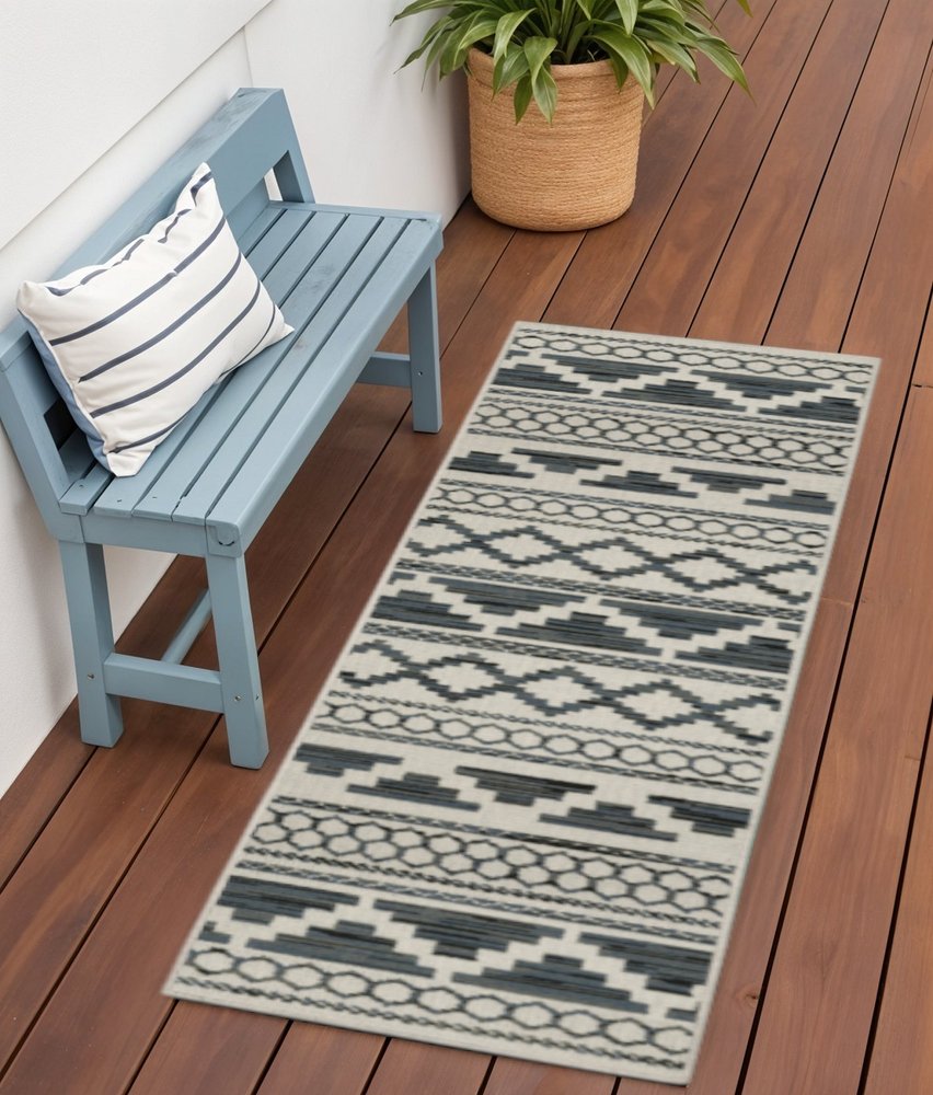 2' X 7' Blue and Beige Geometric Stain Resistant Indoor Outdoor Area Rug