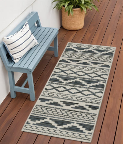 2' X 7' Blue and Beige Geometric Stain Resistant Indoor Outdoor Area Rug