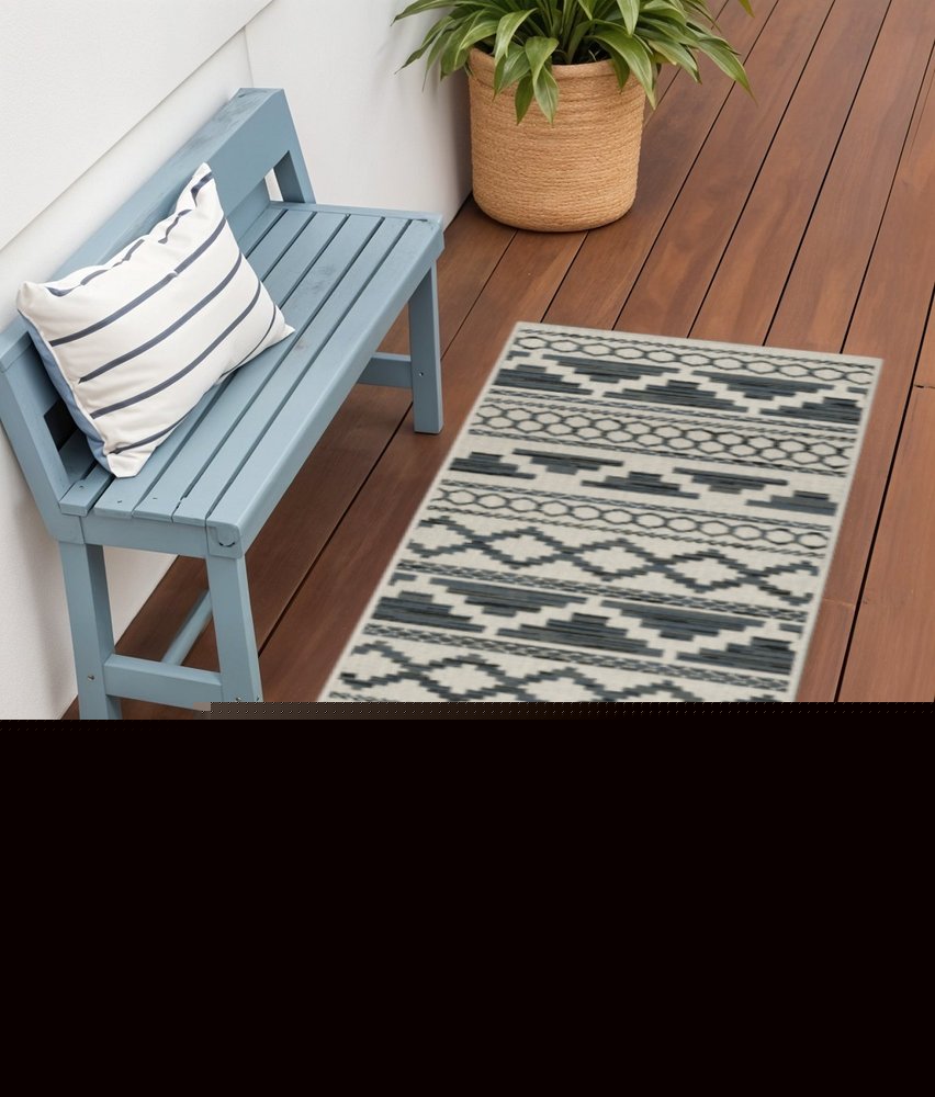 2' X 7' Blue and Beige Geometric Stain Resistant Indoor Outdoor Area Rug