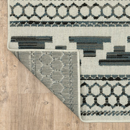 2' X 7' Blue and Beige Geometric Stain Resistant Indoor Outdoor Area Rug