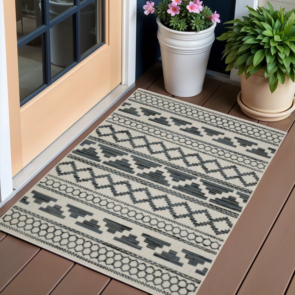 3' X 5' Blue and Beige Geometric Stain Resistant Indoor Outdoor Area Rug