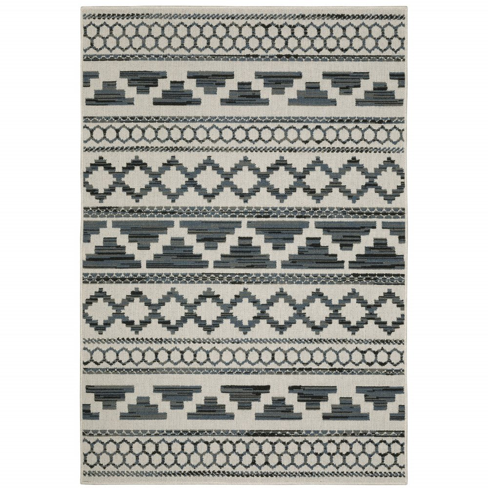 10' X 13' Blue and Beige Geometric Stain Resistant Indoor Outdoor Area Rug