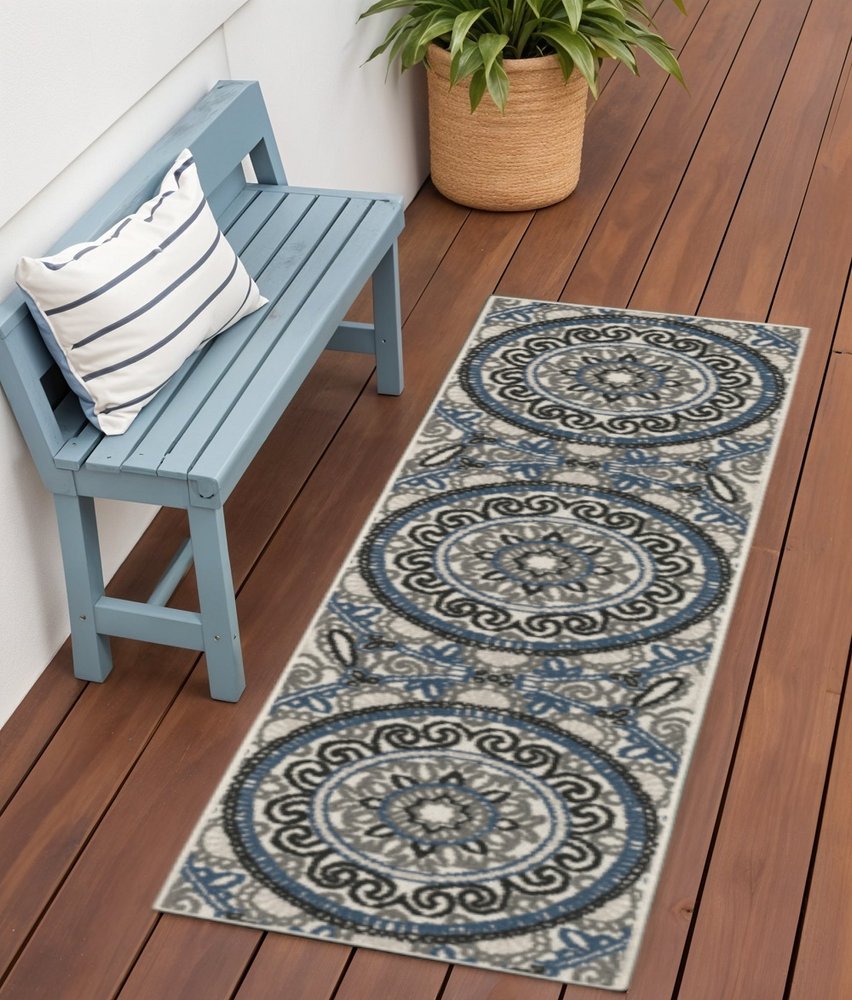 2' X 7' Blue and Beige Geometric Stain Resistant Indoor Outdoor Area Rug