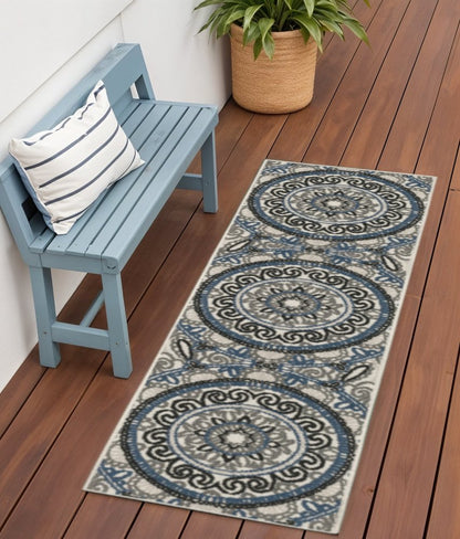 2' X 7' Blue and Beige Geometric Stain Resistant Indoor Outdoor Area Rug
