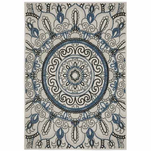 7' X 9' Blue and Beige Geometric Stain Resistant Indoor Outdoor Area Rug