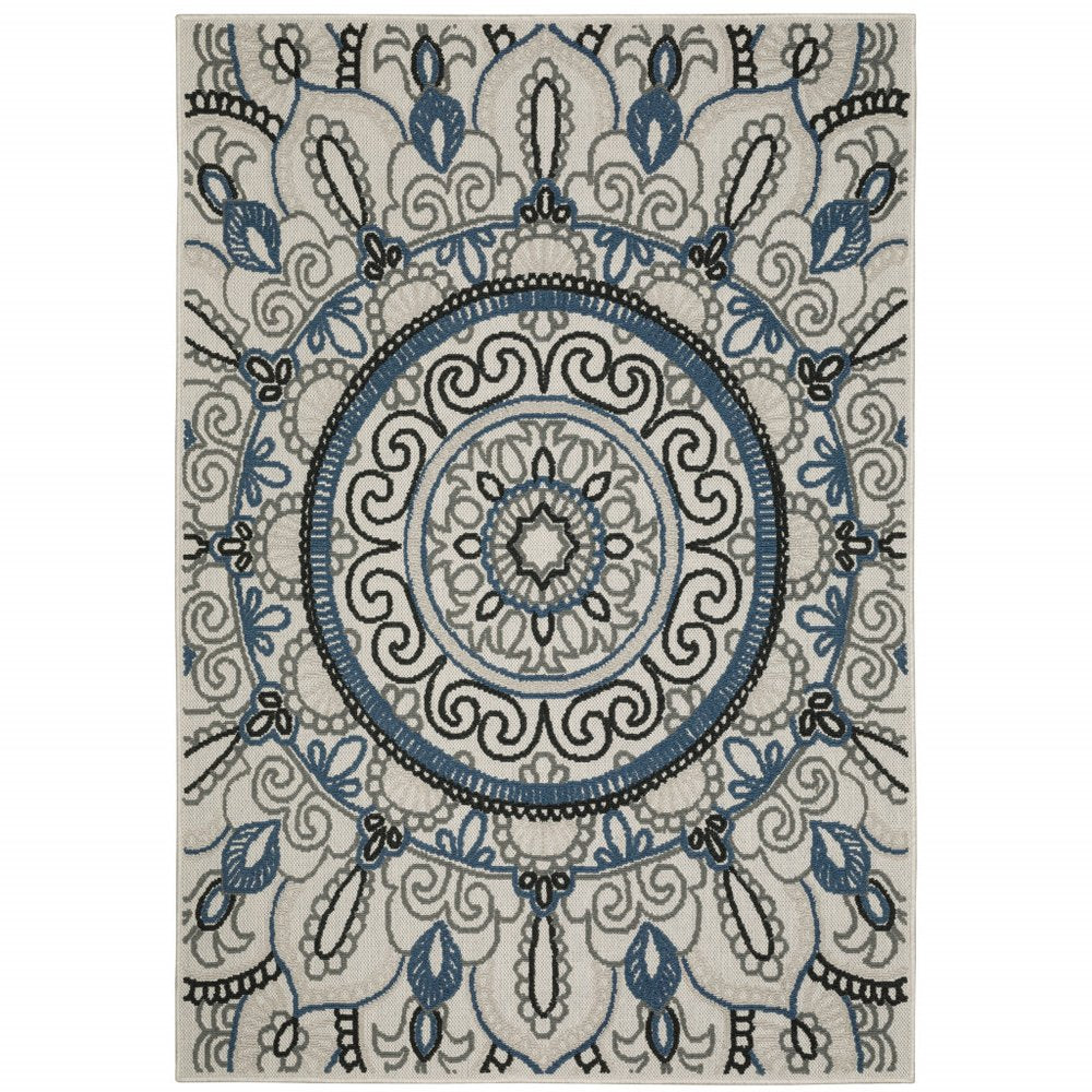 7' X 9' Blue and Beige Geometric Stain Resistant Indoor Outdoor Area Rug