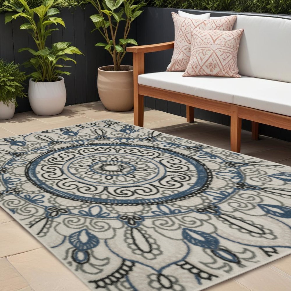 8' X 10' Blue and Beige Geometric Stain Resistant Indoor Outdoor Area Rug