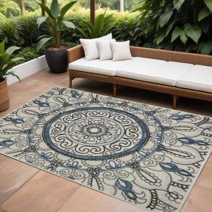 10' X 13' Blue and Beige Geometric Stain Resistant Indoor Outdoor Area Rug