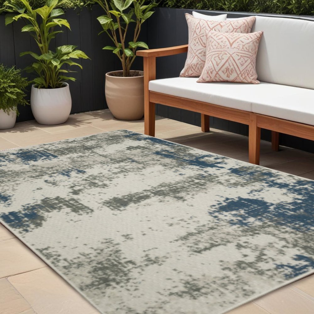 8' X 10' Blue and Beige Abstract Stain Resistant Indoor Outdoor Area Rug