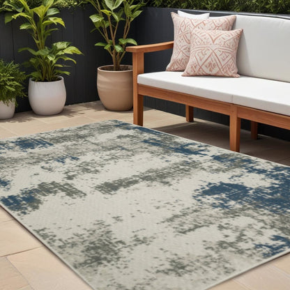 8' X 10' Blue and Beige Abstract Stain Resistant Indoor Outdoor Area Rug