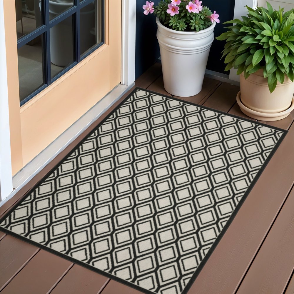3' X 5' Beige and Black Geometric Stain Resistant Indoor Outdoor Area Rug