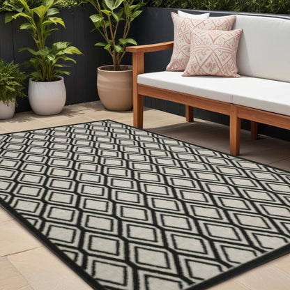 8' X 10' Beige and Black Geometric Stain Resistant Indoor Outdoor Area Rug