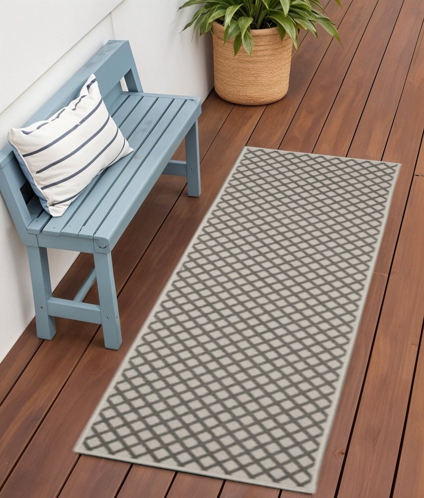 2' X 7' Beige Geometric Stain Resistant Indoor Outdoor Area Rug