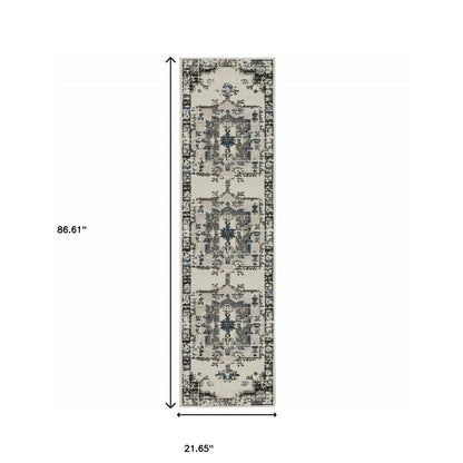 2' X 7' Blue and Beige Oriental Stain Resistant Indoor Outdoor Area Rug