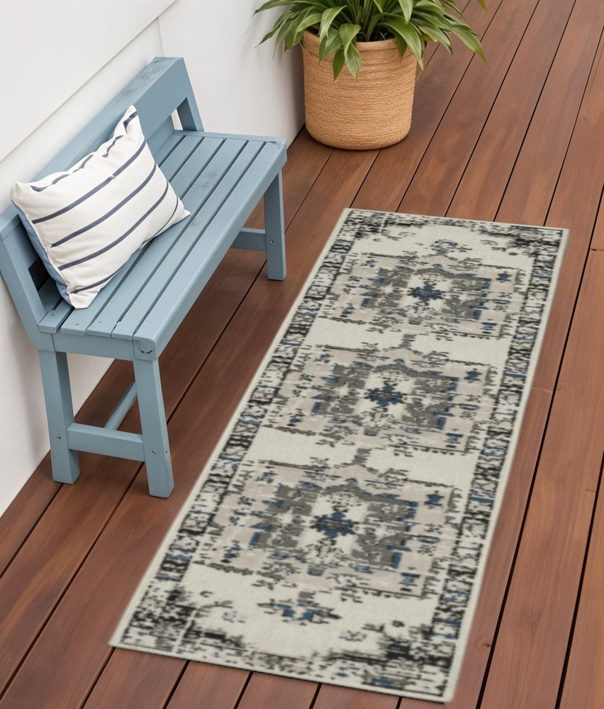 2' X 7' Blue and Beige Oriental Stain Resistant Indoor Outdoor Area Rug