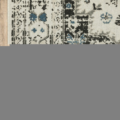 2' X 7' Blue and Beige Oriental Stain Resistant Indoor Outdoor Area Rug