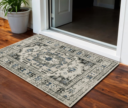 3' X 5' Blue and Beige Oriental Stain Resistant Indoor Outdoor Area Rug