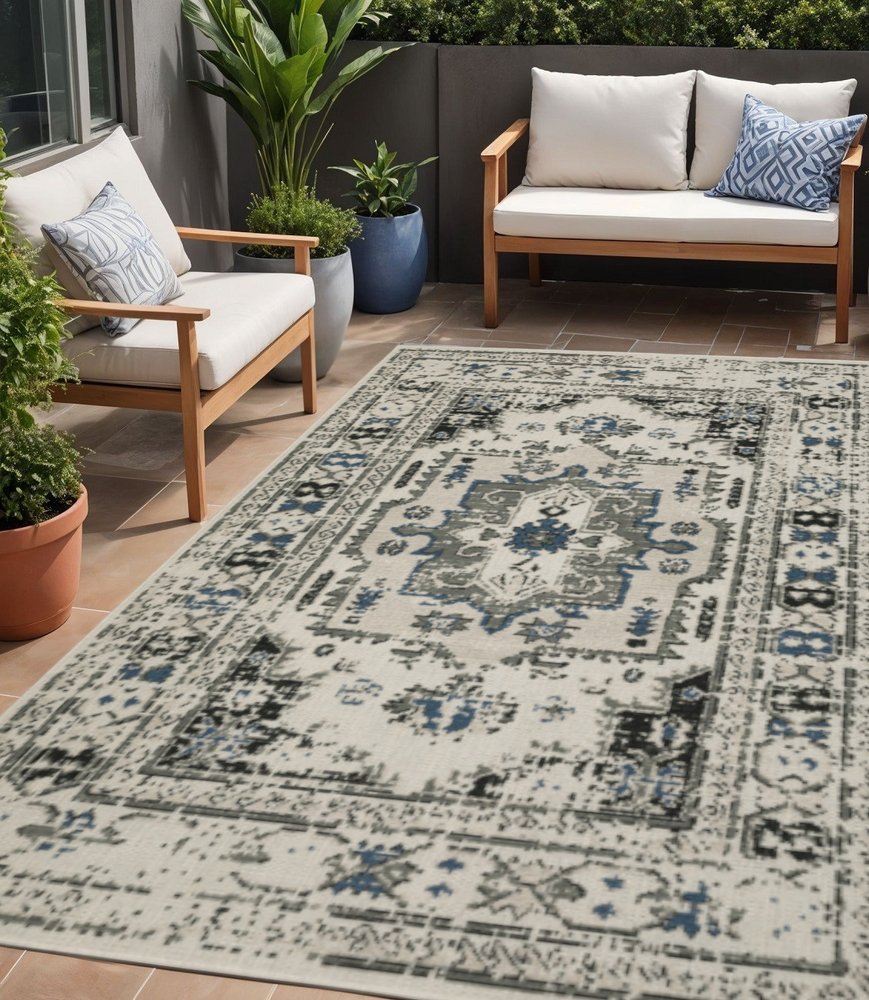 5' X 7' Blue and Beige Oriental Stain Resistant Indoor Outdoor Area Rug