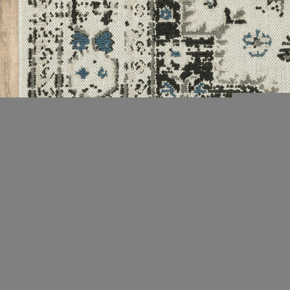 5' X 7' Blue and Beige Oriental Stain Resistant Indoor Outdoor Area Rug