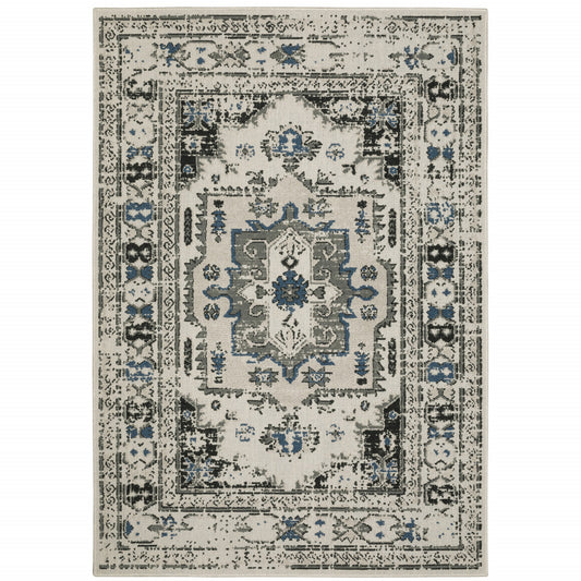 8' X 10' Blue and Beige Oriental Stain Resistant Indoor Outdoor Area Rug