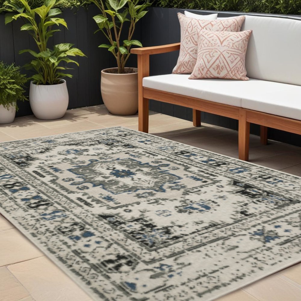 8' X 10' Blue and Beige Oriental Stain Resistant Indoor Outdoor Area Rug
