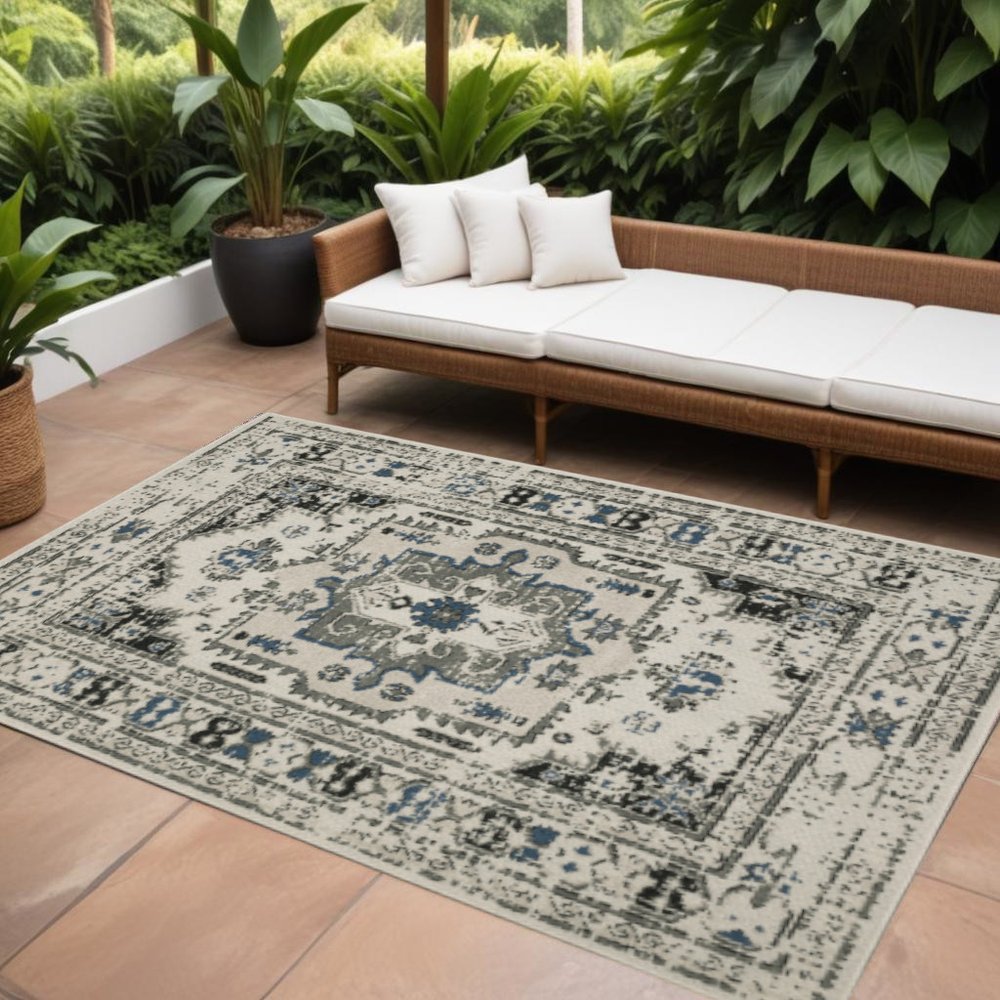 10' X 13' Blue and Beige Oriental Stain Resistant Indoor Outdoor Area Rug