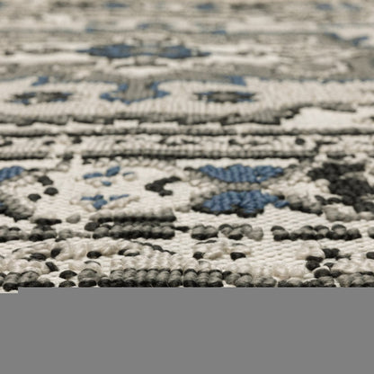 10' X 13' Blue and Beige Oriental Stain Resistant Indoor Outdoor Area Rug