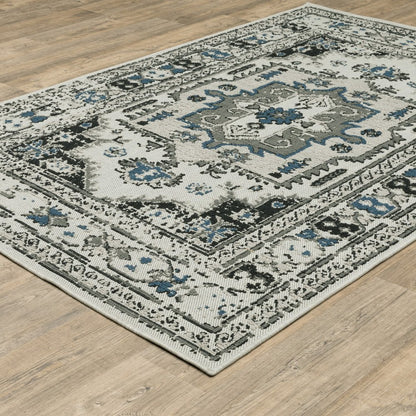 10' X 13' Blue and Beige Oriental Stain Resistant Indoor Outdoor Area Rug