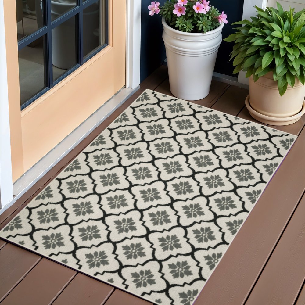 3' X 5' Beige and Black Geometric Stain Resistant Indoor Outdoor Area Rug