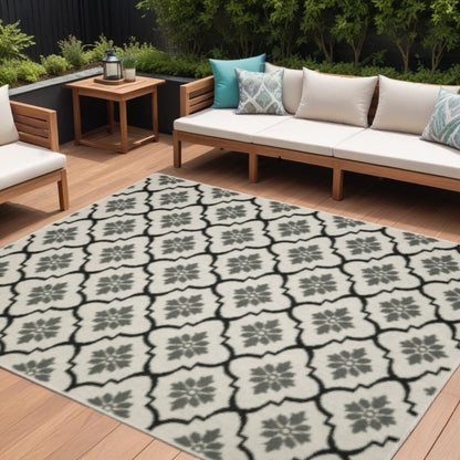 8' X 10' Beige and Black Geometric Stain Resistant Indoor Outdoor Area Rug
